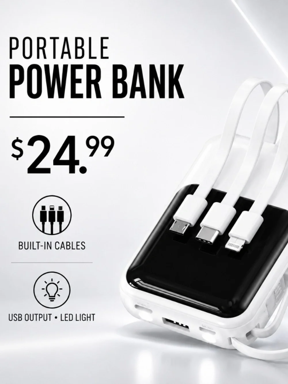Portable Power Bank with Built-In Charging Cables & LED Light – New